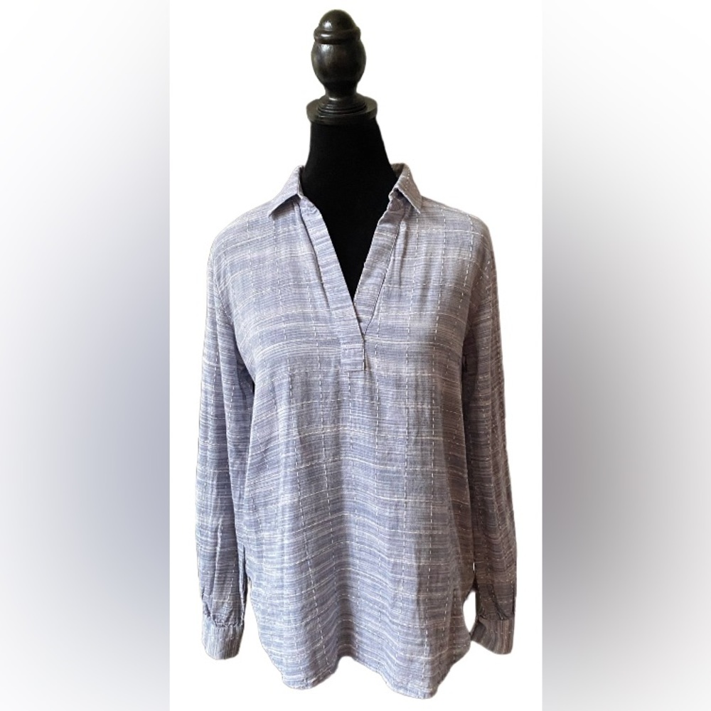 Loft: Blue and White Square Cotton V Neck Tunic